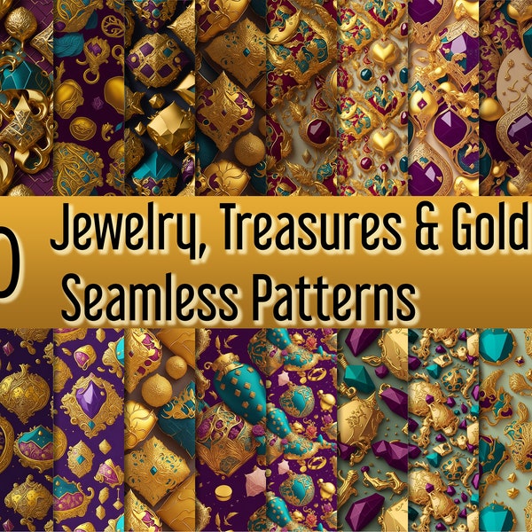 Opulent Jewelry, Treasures & Gold Seamless Pattern: Digital Download, 20 JPG Bundle, Repeating Tiles, Commercial Use, Scrapbook Paper