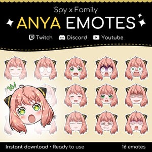 Pacote de 16 Emotes Anya | Emotes Spy x Family Anya Forger Twitch, adesivos Discord, emotes Youtube | Emotes fofos de anime para streaming + bate-papo