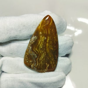 May include: A polished, teardrop-shaped cabochon gemstone featuring a rich brown base color with intricate, wavy bands of golden-yellow and cream-colored inclusions throughout the surface, displaying a smooth, glossy finish and natural patterns.