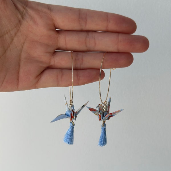 Large Earrings Hoop Crane UV Resin Paper Crane Earrings Japanese Paper Origami