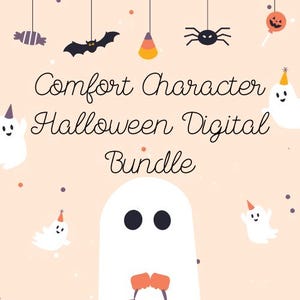 Peut inclure: Un graphique numérique avec le texte Comfort Character Halloween Digital Bundle en police cursive noire. Le fond est pêche clair avec des illustrations de fantômes blancs portant des chapeaux de fête, une chauve-souris, une araignée et des bonbons.
