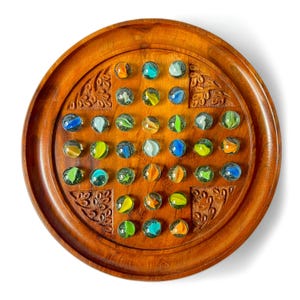 Marble Solitaire Board Game handcarved with 33 Glass Marbles, Handmade solitaire board game, gift, 9&quot; inches board, fathers day gift