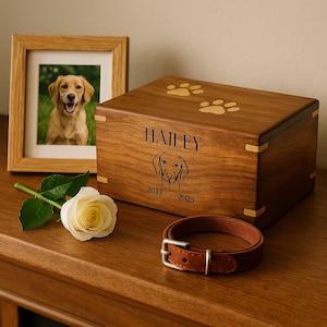 Personalized Walnut Pet Urn with Brass Paw Print: Dog Memorial Box