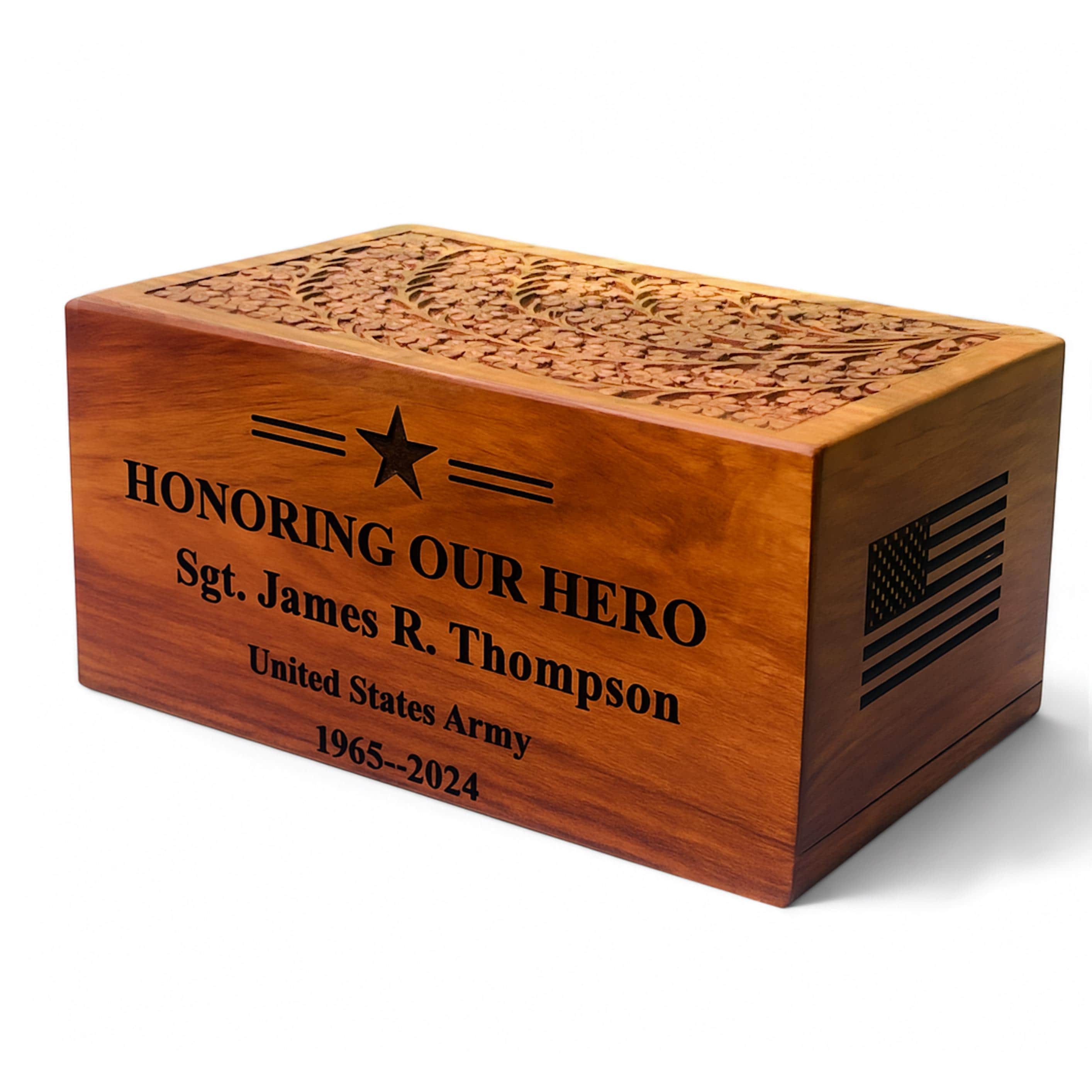 Personalized Veteran Memorial Urn Box: Engraved Flag, Solid Wood