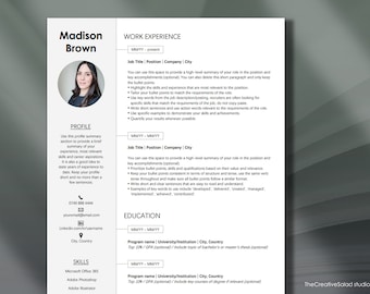 Könnte beinhalten: Eine Lebenslaufvorlage mit einem professionellen Porträtfoto, Kontaktinformationen, Abschnitten zu Berufserfahrung, Ausbildung und Fähigkeiten. Die Vorlage soll Bewerbern helfen, einen optisch ansprechenden und informativen Lebenslauf zu erstellen.