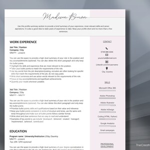 May include: A resume template with a pink and white colour scheme. The template includes sections for work experience, education, skills, contact information, and professional development. The text "Madison Brown" is at the top of the page.