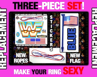 WWF HASBRO Replacement Stickers, Ropes & Blue Flag for Blue WWF Hasbro Ring - Original 90s Reproduction - Restoration Kit wwe ljn mattel