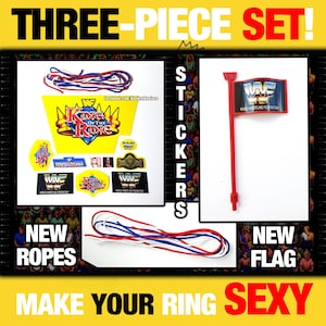 May include: A three-piece replacement set for a wrestling ring, including new ropes in red, white, and blue, stickers, and a red flag with a logo. The text on the image says "Make Your Ring Sexy."