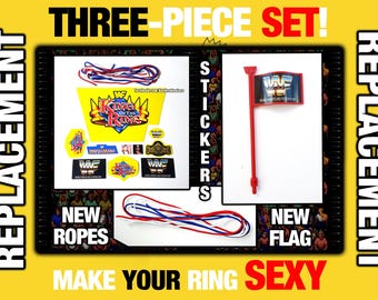 WWF HASBRO Stickers, Ropes & Red Flag for WWF Hasbro King of the Ring - Pro Restoration Set - Yellow Ring Upgrade - Die-Cut