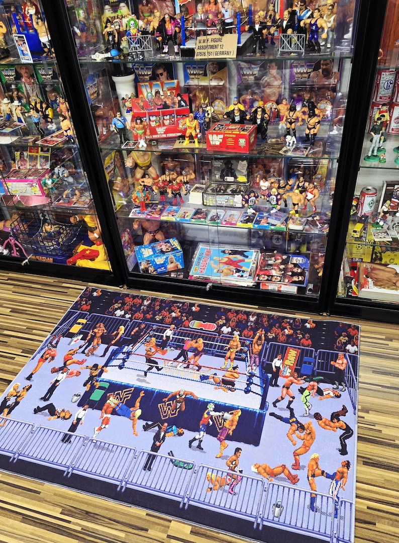 16-Bit WWF Royal Rumble Wrestling Rug - Classic Blue Edition - 39 Superstars Pixel Art Floor Mat - Sega SNES Retro Gaming Decor - Non-Slip image 4