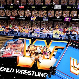 May include: A collection of vintage wrestling action figures and a miniature wrestling ring. The figures are posed on a black mat with the words "World Wrestling" in white. A packaged figure is also visible, along with a blue wrestling ring.