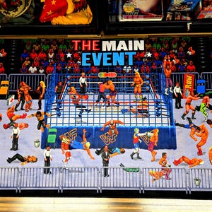 16-Bit WWF Royal Rumble Wrestling Rug - Blue Cage Edition - 39 Superstars Pixel Art Floor Mat - Sega SNES Retro Gaming Decor - Non-Slip