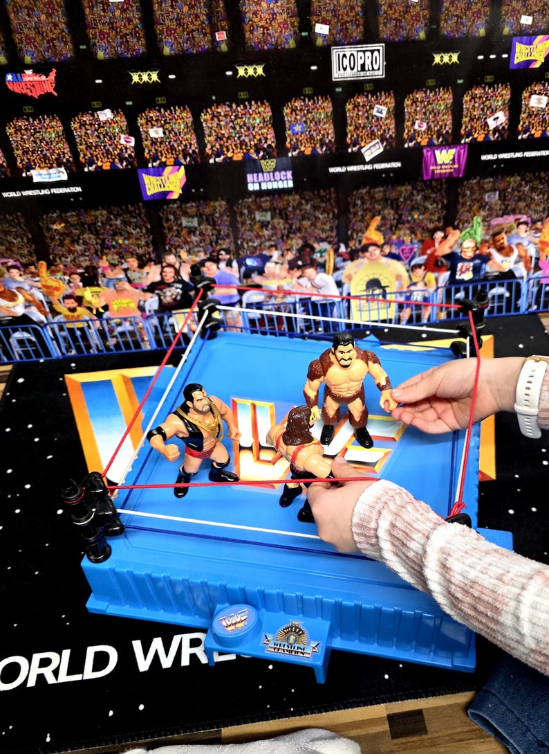 May include: A blue wrestling ring toy set with four action figures. The ring has red and white ropes, and the background shows a crowd in a stadium. The set includes a small table with the text "World Wrestling Federation".