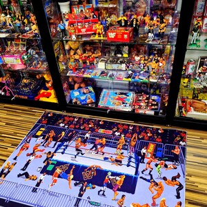 16-Bit WWF Royal Rumble Wrestling Rug - Classic Blue Edition - 39 Superstars Pixel Art Floor Mat - Sega SNES Retro Gaming Decor - Non-Slip image 1
