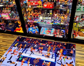 16-Bit WWF Royal Rumble Wrestling Rug - Classic Blue Edition - 39 Superstars Pixel Art Floor Mat - Sega SNES Retro Gaming Decor - Non-Slip