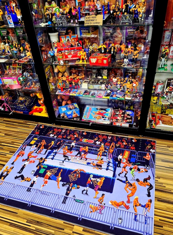 16-Bit WWF Royal Rumble Wrestling Rug - Classic Blue Edition - 39 Superstars Pixel Art Floor Mat - Sega SNES Retro Gaming Decor - Non-Slip