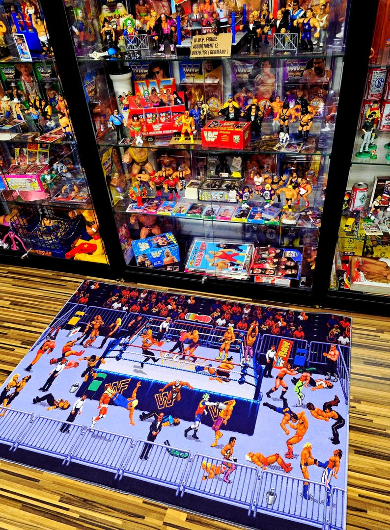 16-Bit WWF Royal Rumble Wrestling Rug - Classic Blue Edition - 39 Superstars Pixel Art Floor Mat - Sega SNES Retro Gaming Decor - Non-Slip image 1
