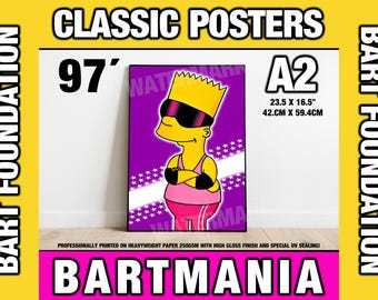 Bartmania Bart Simpson Bret Hart Poster - Retro Mashup Wrestling Art Print - A2 High Gloss UV Sealed - 90s Cartoon & Hitman Nostalgia Decor