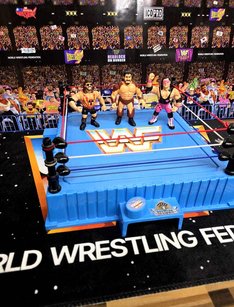 May include: A vintage World Wrestling Federation (WWF) wrestling ring playset with three action figures. The blue ring features red and white ropes, with a crowd backdrop. The WWF logo is visible on the ring.