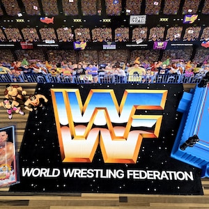 May include: A black mat with the World Wrestling Federation logo in gold, orange, and white, and the text "WORLD WRESTLING FEDERATION". A blue wrestling ring and action figures are also visible.