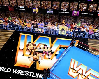 WWF Logo Floor Mat - 70x50cm (27.5x19.7") - Perfect for Hasbro Blue & Yellow Rings - Retro Wrestling Figures Rug