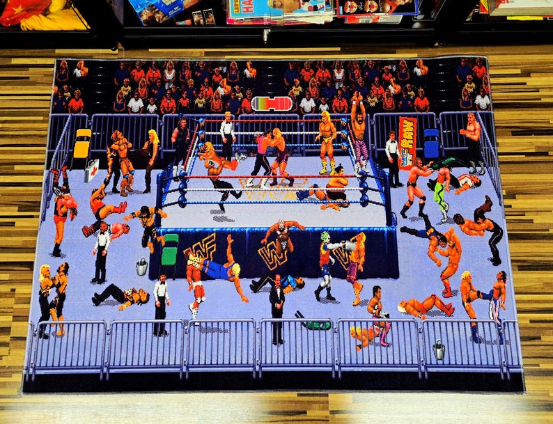 16-Bit WWF Royal Rumble Wrestling Rug - Classic Blue Edition - 39 Superstars Pixel Art Floor Mat - Sega SNES Retro Gaming Decor - Non-Slip image 2