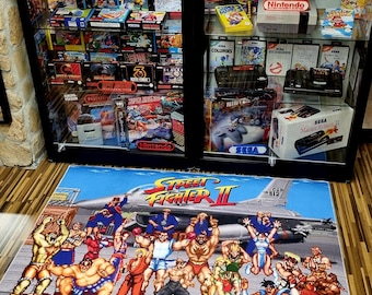 Street Fighter 2 Retro Gaming Rug - All 16 Characters Pixel Art Floor Mat - Premium Non-Slip Arcade Decor - SNES Sega Style Game Room Rug