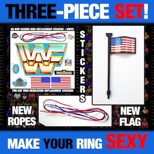 May include: A three-piece ring replacement set with stickers, new ropes, and a new flag. The flag has the American flag design. The set includes the text "THREE-PIECE SET!" and "MAKE YOUR RING SEXY".