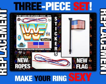WWF HASBRO Replacement Stickers, Ropes & Black Flag for Blue WWF Hasbro Ring - Original 90s Reproduction - Restoration Kit wwe ljn mattel