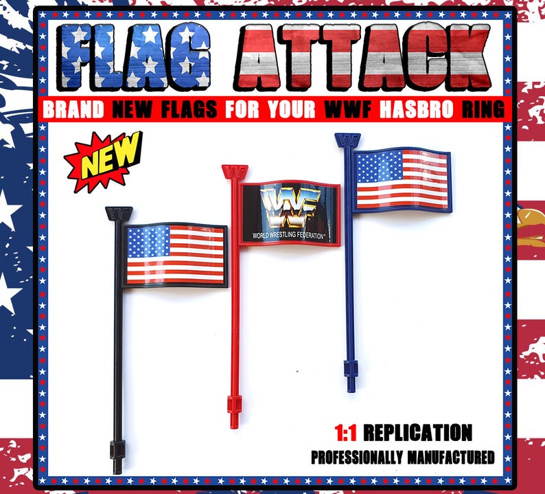 WWF HASBRO Wrestling Ring Flags Accessorie Black Blue & RED King of the