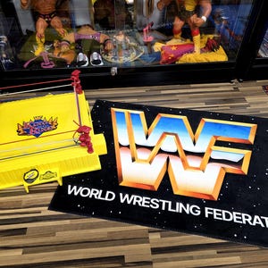 May include: A yellow wrestling ring toy with red corner posts and ropes. A black mat with the WWF logo and text "WORLD WRESTLING FEDERATION" is next to the ring. The ring has the text "King of the Ring".