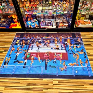 May include: A blue and red wrestling ring rug with a pixelated design of wrestlers in action. The rug features the words "RAW" and "WWF" in white.