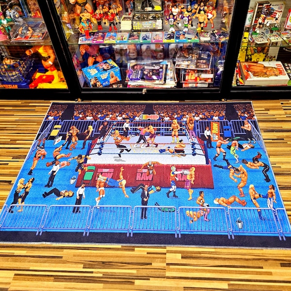 16-Bit WWF RAW Retro Wrestling Rug - Monday Night raw - 39 Superstars Pixel Art Floor Mat - Sega SNES Game Room Decor - Non-Slip