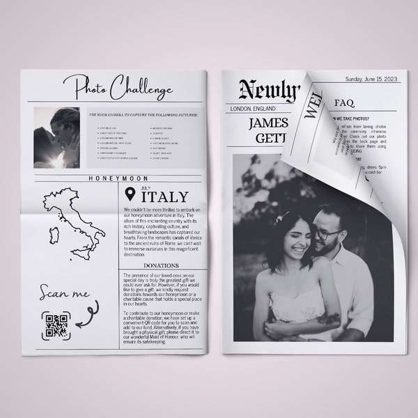 Newspaper Wedding Program Template, Editable Wedding Newspaper Program, Printable Wedding Program, Newlywed Post, Wedding keepsake, Canva