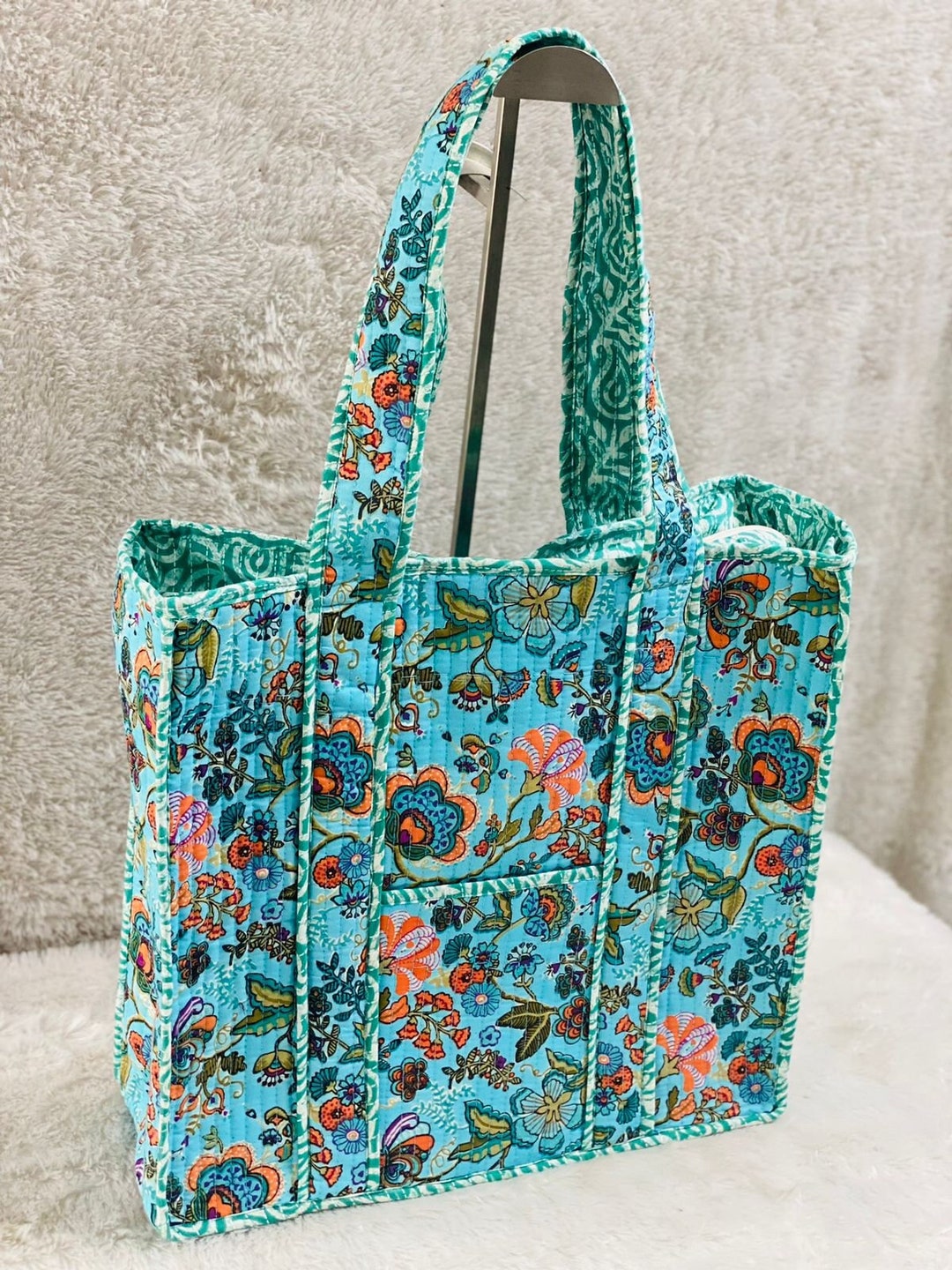Wholesale 5 Handmade Quilted Tote Shopping Bag, Floral Print Cotton