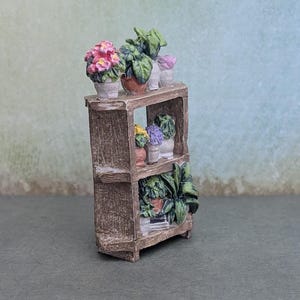 May include: A miniature brown wooden three-tier shelving unit holding various potted plants. The top shelf features pink and green foliage, the middle shelf displays yellow and purple flowers, and the bottom shelf contains larger green leafy plants.