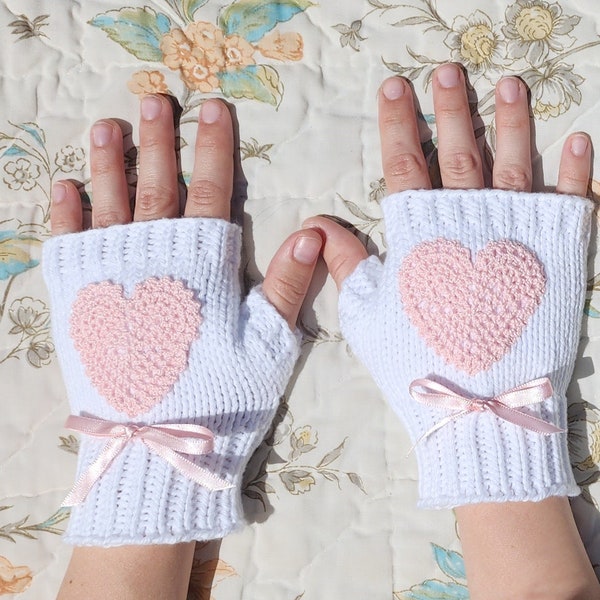 Pink Heart Knit Fingerless Gloves Wrist Warmers Arm Warmers Crochet Doily Handmade 100% Cotton