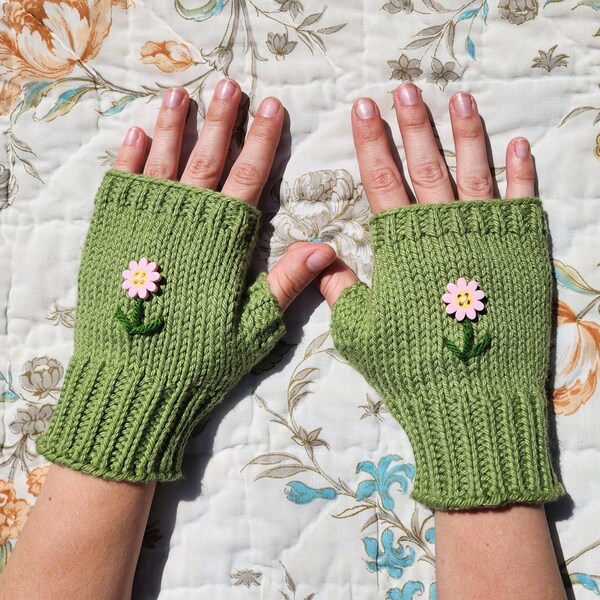 Floral Knit Fingerless Gloves Women's Wrist Warmers Hand Warmers 100% Cotton Handmade