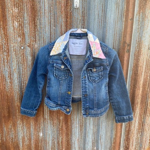 Girls, jean jacket, denim coat, vintage quilt fabric, girls gift, Size S, Spring, cowgirl