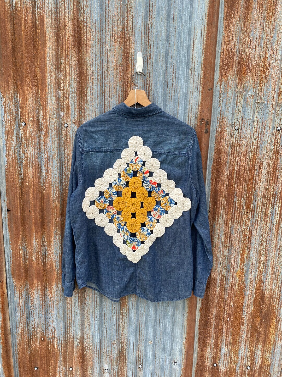 Denim Shirt Jacket Yoyo Quilt Women's XL Women Gift Etsy