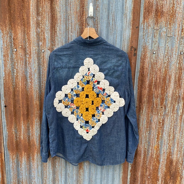 Denim shirt jacket, yoyo quilt, Women's XL, women gift