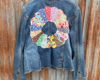 Jean jacket, jean coat, denim, vintage quilt top, Women's L, womens gift, handmade, boho, upcycle, sustainable fashion, Spring