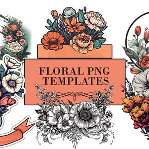 Puede incluir: Tres plantillas PNG florales con diferentes arreglos de flores. La primera plantilla es una corona con un fondo blanco. La segunda plantilla es un ramo de flores en un jarrón con un fondo melocotón. La tercera plantilla es un ramo de flores con un fondo melocotón. El texto "PLANTILLAS PNG FLORALES" se muestra en el fondo melocotón.