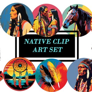 Puede incluir: Un conjunto de 10 imágenes de arte de clip con temática nativa americana. Las imágenes incluyen un atrapasueños, plumas, mocasines, un tipi, un caballo y una pareja nativa americana. El texto "NATIVE CLIP ART SET" se muestra en el centro de la imagen.