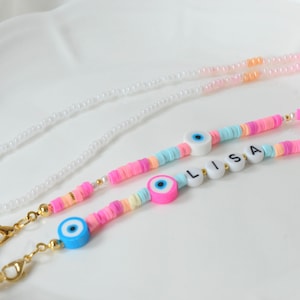 Brilketting met naam, gepersonaliseerd cadeau voor meisjes, zonnebrilketting met boze oog, aanpasbare lenzenvloeistofketting met kralen