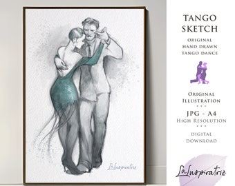 BOCETO DE BAILARINES DE TANGO Impresión de arte de tango original dibujada a mano. Descarga instantánea imprimible para decoración, postales y regalos. Obra de tango.