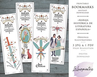 12 PRINTABLE BOOKMARKS Historic Spanish Literature. Playing Cards ART Print. Spanish Deck. Digital Download. Bookmark Ready to Print.