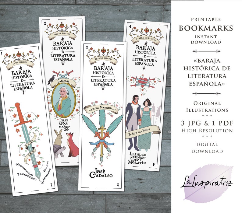 12 PRINTABLE BOOKMARKS Historic Spanish Literature. Playing Cards ART Print. Spanish Deck. Digital Download. Bookmark Ready to Print. 画像 1