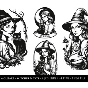 4 HALLOWEEN CLIPART Witches and Cats. DIGITAL Download Ready to Print. Engraving Style Illustration to Customize your life and parties.