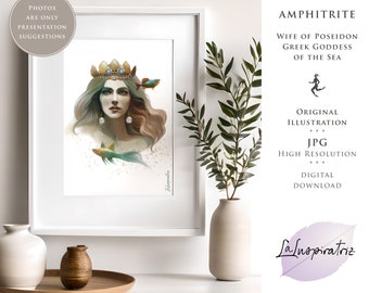 GREEK GODDESS Art Print. Amphitrite Goddess of the Sea. Digital and ORIGINAL Illustration. Instant Download. Underwater Fantasy Wall Art.